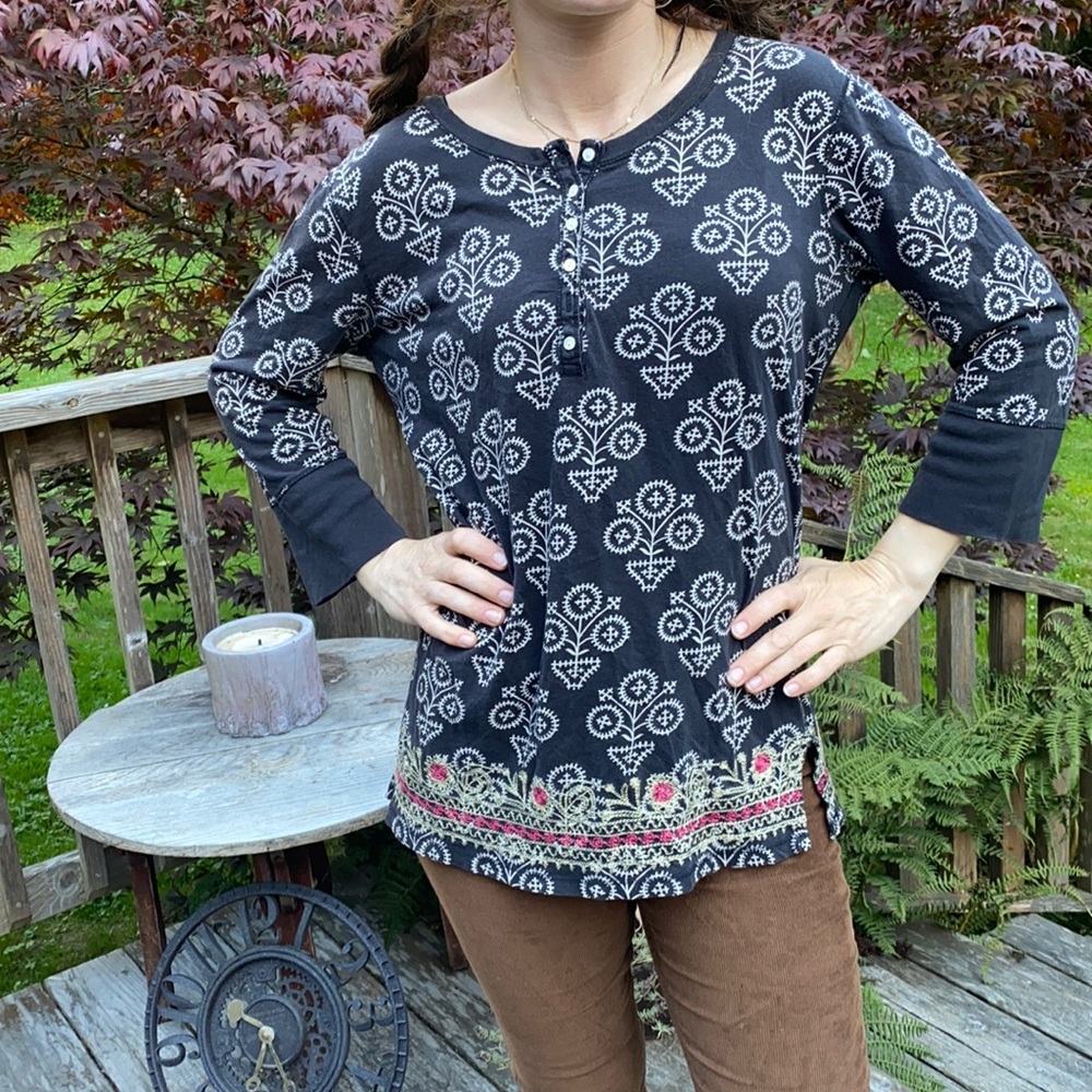 Lucky Brand block print peasant Blouse w/ embroidered detail 100% cotton Size XL
